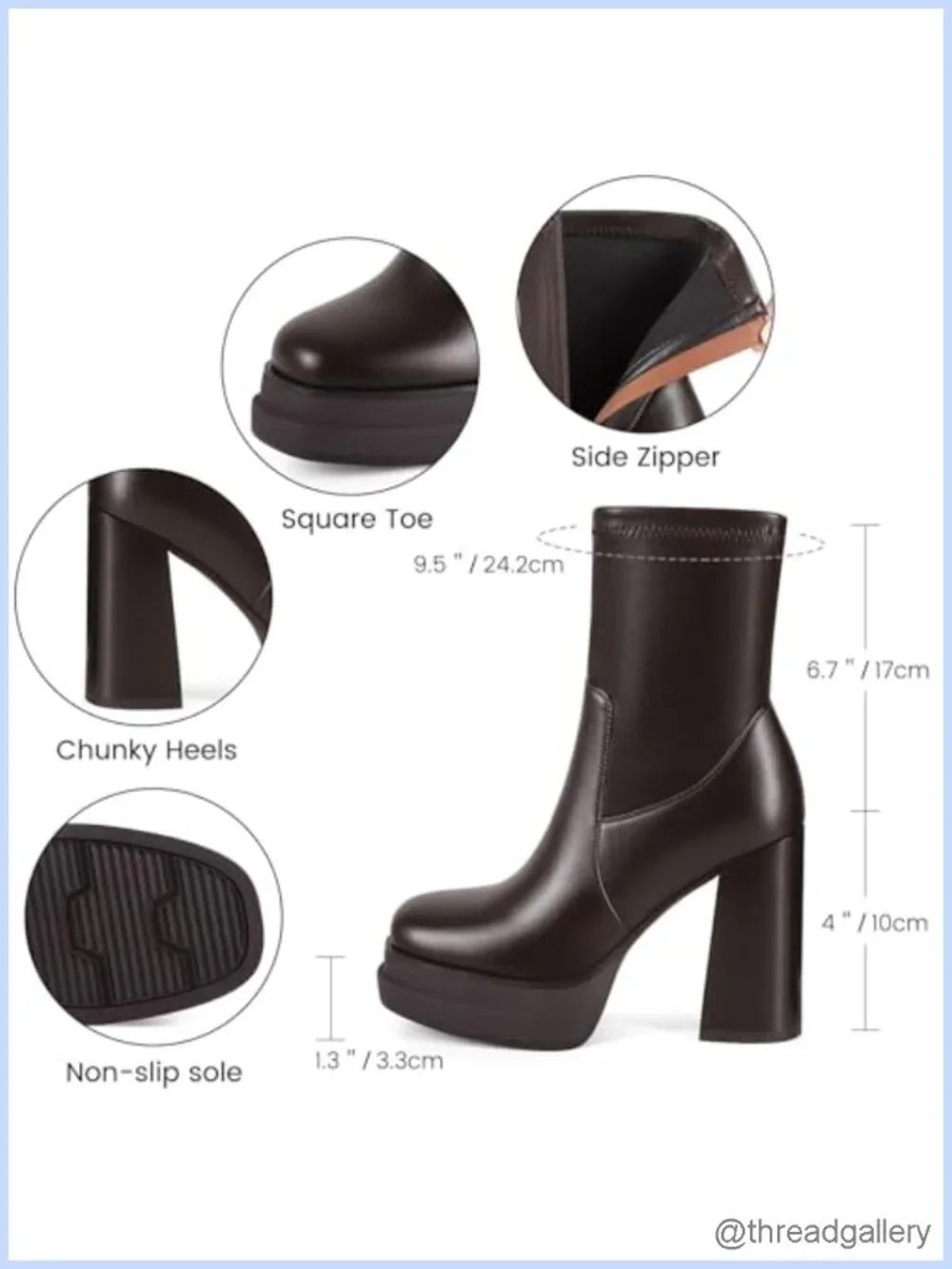 Platform Ankle Boots Chunky High Heel Square Toe Stretchy Combat Booties